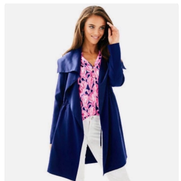 LILLY PULITZER VALERIA DRESS COAT True Navy Blue Jacket Trench Open Front Large - Picture 1 of 9
